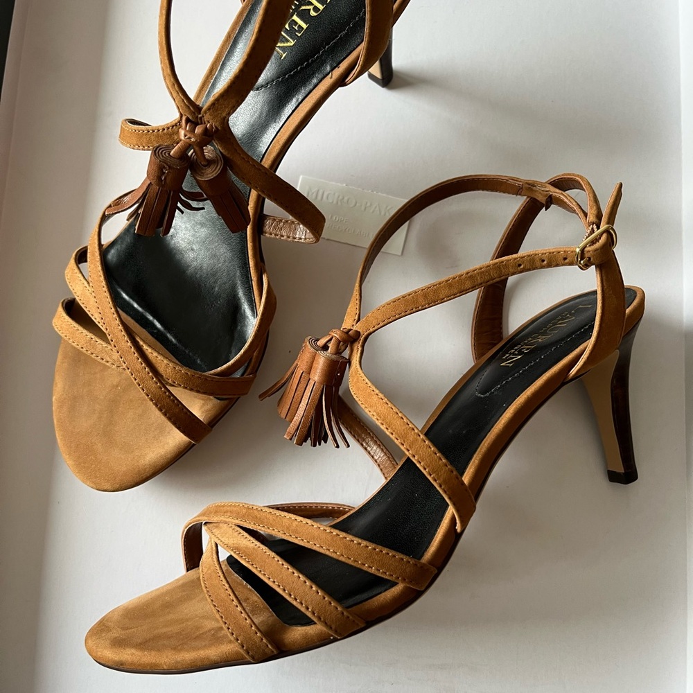 Ralph Lauren Tan Leather Strappy Tassel Heels